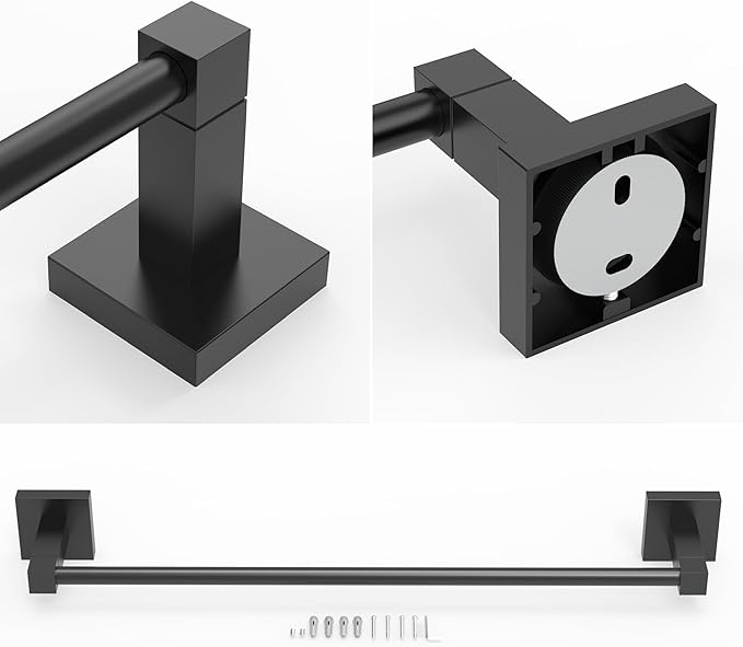 RUACQ Towel Bar 18" Towel Racks for Bathroom Wall Mounted, Matte Black | One-Piece Bath Towel Holder, Total Length 20 Inch Single Towel Rod, 304 Stainless Steel Rustproof, Square Base, Heavy Duty