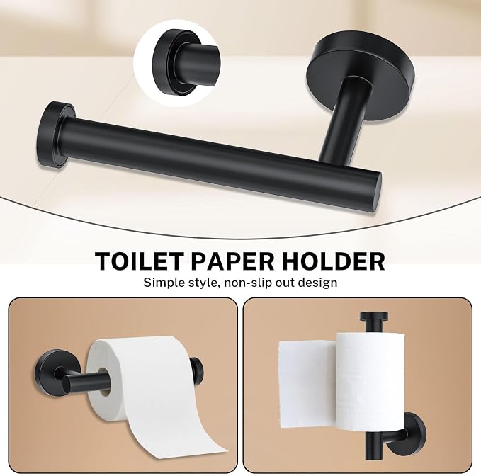 Matte Black Towel Bar Set 5-Piece Bathroom Hardware Accessories Set Includes 23.6in Towel Bar-Round Towel Ring-Toilet Paper Holder-Towel Hooks Stainless Steel Wall Mount Bathroom Towel Holder Set