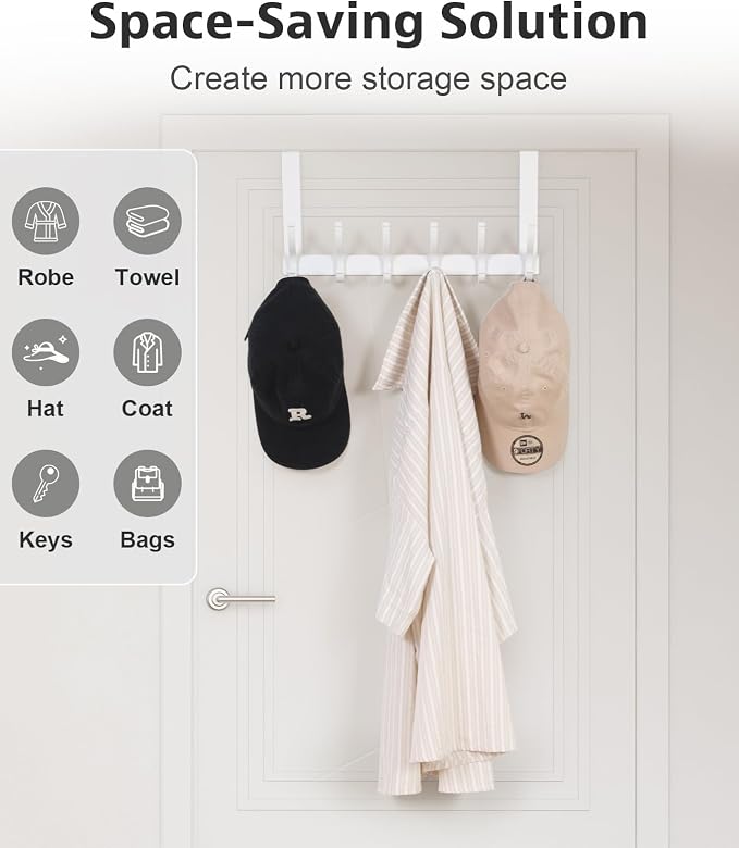 Optish Door Hooks for Hanging, Over The Door Towel Racks for Bathroom, Coat Rack Door Towel Hanger Towel Hooks (2Pack, White, Fit 1-3/4" Doors)