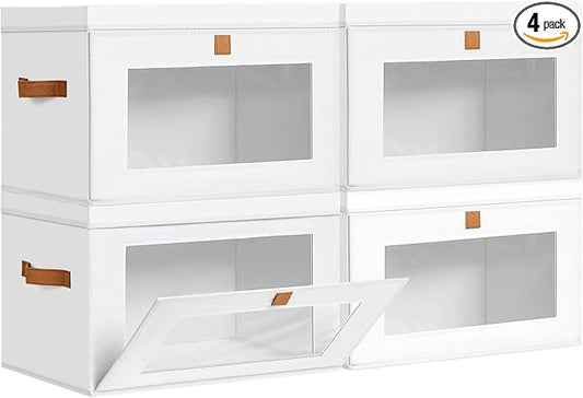 DIMJ Storage Bins with Lids - 4 Pack Large Fabric Closet Organizer with Window & Handles, Collapsible Decorative Storage Boxes for Shelves Under Bed, Books Clothes Blankets Sweaters Organization