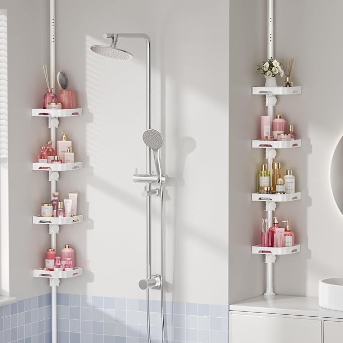 shuang qing 4-Tier Corner Shower Caddy Tension Pole Organizer - Adjustable Rustproof Metal Tension Pole, Plastic Shelves with Safety Guardrail, Bathroom Storage for Shower & Bathtub(White)