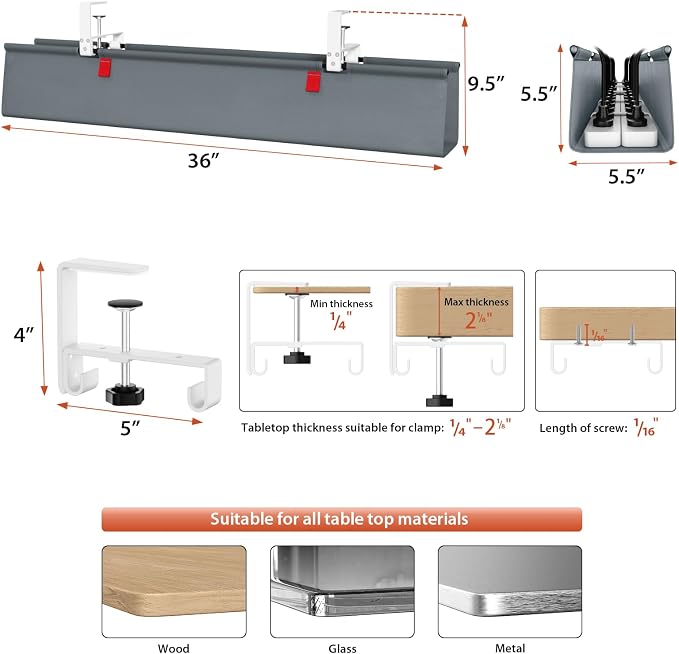 Univivi No Drill Under Desk Cable Management Tray, 36 inch Cable Management | Clamp/Screw Mount Desk Cord Organizer, Premium Fabric Cord Management, Large Capacity Desk Cable Organizer for Office, Home