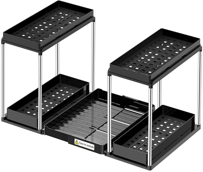 NIUXX Expandable Under Sink Organizer: 2 Tier Under Cabinet Organizer - Double Pull Out Shelf Under Sink Storage for Kitchen - Bathroom and Laundry Room - Space Saving