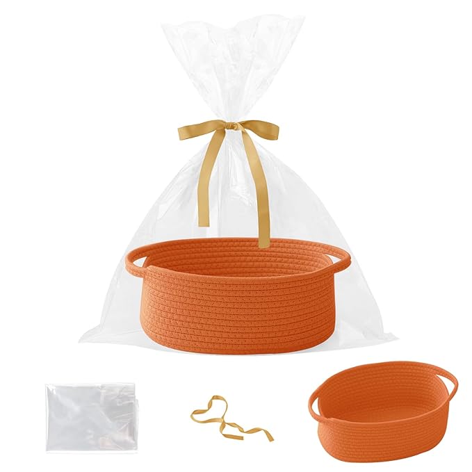 Woven Rope Basket - Baby Gift Basket with Bag & Ribbon, Orange | Cotton rope with handle, 12 x 8 x 5 in, gift bag and ribbon, for baby shower, birthday, toy storage, nursery, shelf decor