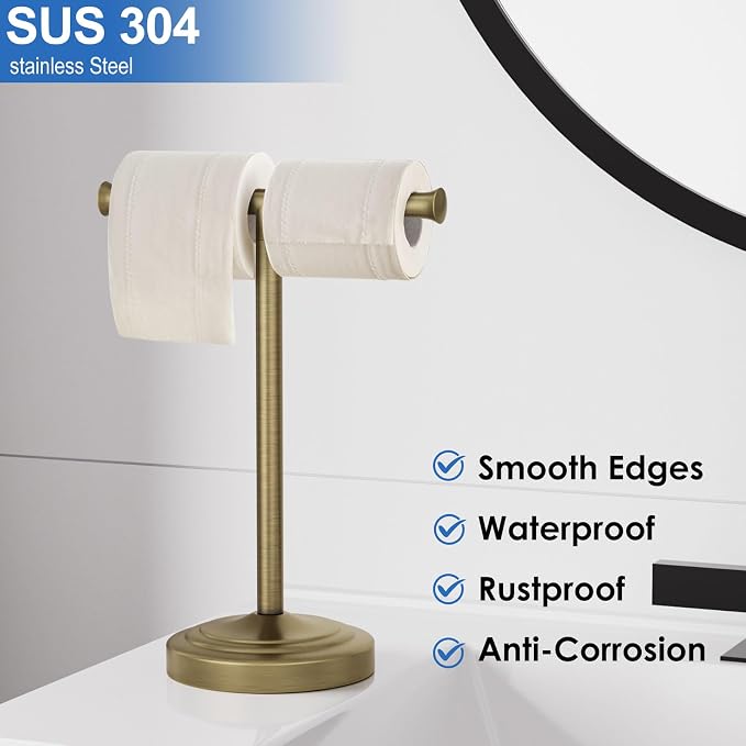 RUMOSE Antique Brass Hand Towel Holder Stand Countertop Towel Rack | 13 Inch Bathroom Kitchen Vanity T-Shape Towel Stand Free Standing Stainless Steel Towel Bar Towel Ring
