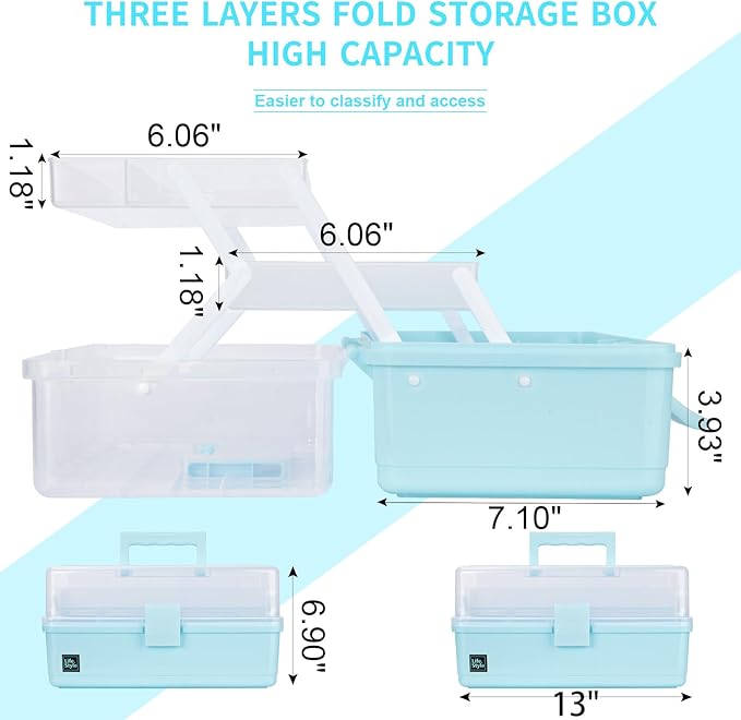 Creahaus 13 inch Art Craft Organizer Storage Box with 3 Layer, Multipurpose Plastic Tool Box with Handle for Sewing, Art Supply, Medicine, Nail, Hair Accessories (Blue)