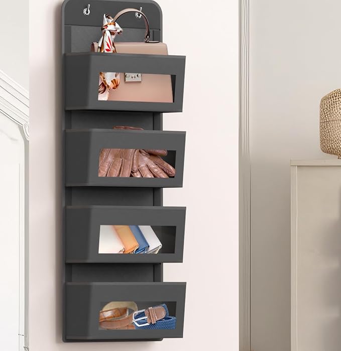 Simple Houseware 4 Clear Pocket Over Door Hanging Organizer, Dark Gray | Over the Door Storage for Closet, Bedroom, Bathroom, Pantry
