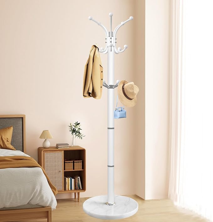 OIRUMIE Coat Rack,360°Rotary Coat Rack Stand,Coat Tree Stand for Entryway | Metal Coat Rack Freestanding with Natural Marble Base & 14 Hooks,White Modern Coat Stand, Clothes Hall Tree Stand for Hallway