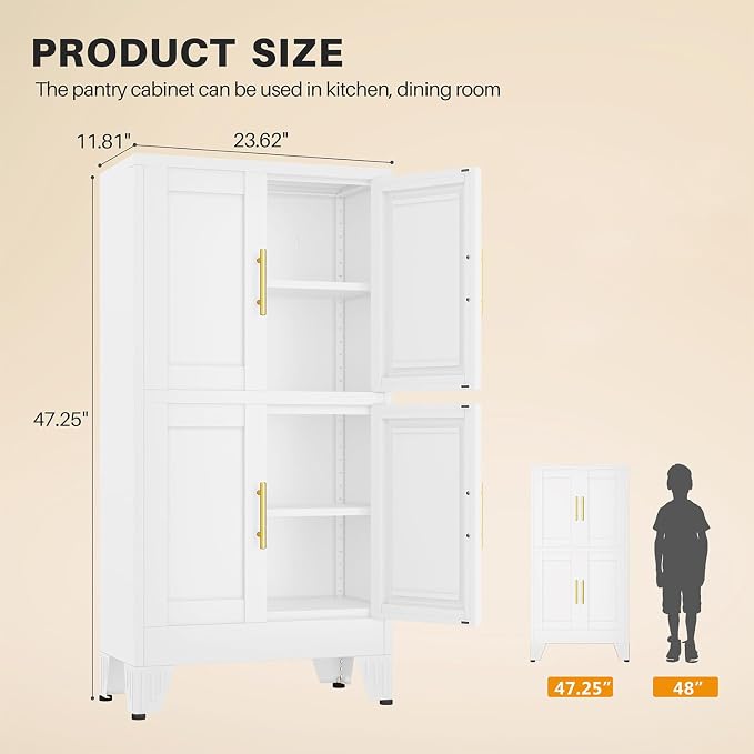winiowa 47" Tall Kitchen Pantry Cabinet, Metal Storage Cabinet with Doors and Adjustable Shelves, White Freestanding Pantry Cabinet for Kitchen, Dining Room, Living Room, Laundry Room, Bathroom