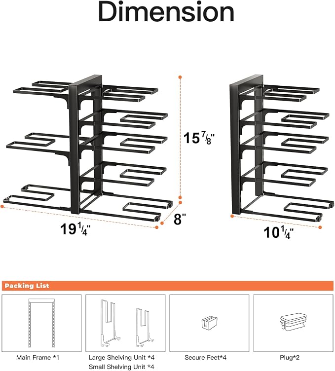 Pots and Pans Organizer Under Cabinet 15.8", 8-Tier Adjustable Black | 2 DIY Modes, Tool-Free Assembly, Max 120 Lbs, Fits Cast Iron Pans, Dutch Ovens & Heavy Cookware, For Kitchen Cabinets