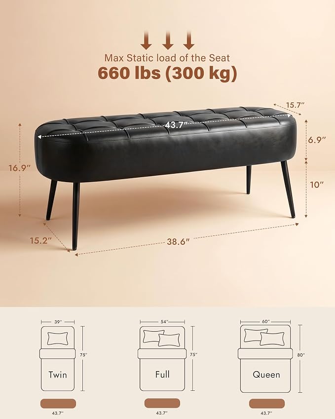 Entryway Bench, Modern PU Leather Upholstered End of Bed Bench Black | Shoe Bench with Tufted Seat, 660 lb Capacity, Sturdy Metal Legs, Mid-Century Style, For Hallway, Living Room, Bedroom, Foyer