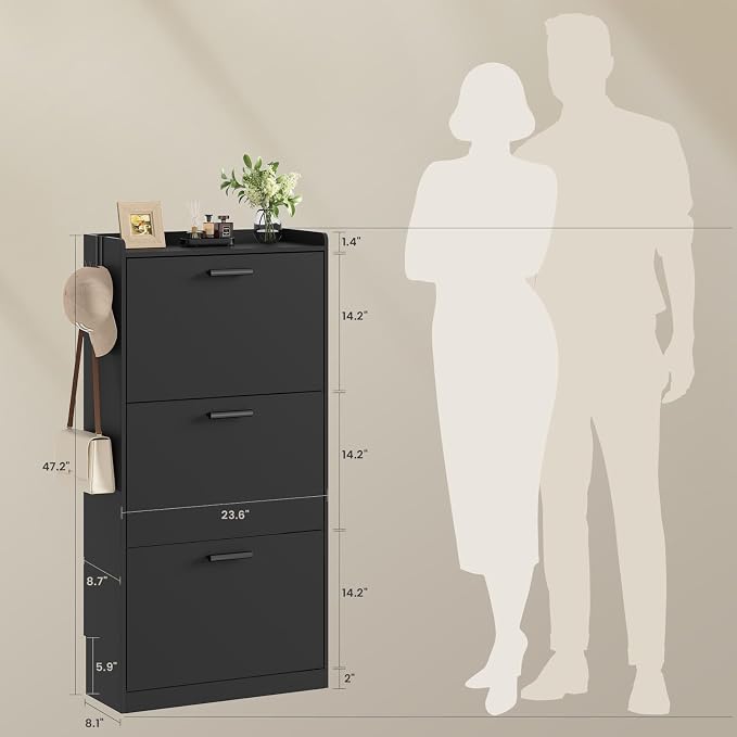 Shoe Cabinet Organizer with 3 Flip Drawers,Narrow Shoe Rack 23.6" W White | Freestanding shoe storage cabinet for entryway,foyer and hallway,slim design and space-saving flip drawers
