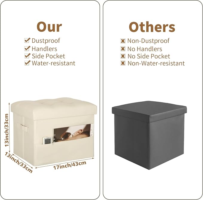BelugaHelper Storage Ottoman Foot Rest Stool, Folding Leather Footstool Bench with Thicker Foam Padded Seat. Short Foot Stool Ottoman with Storage for Living Room Bedroom 350 lbs, 17x13x13in, Beige | Ottoman Foot Rest Stool with Thicker Foam Padded Sea...