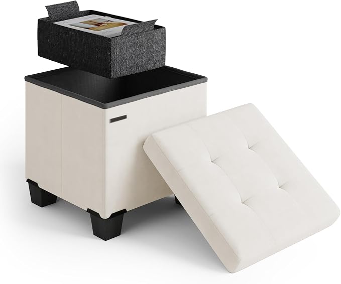 Storage Ottoman Cube with Small Bin, 15-in Square Ottoman with Storage for Living Room and Bedroom, Small Ottomans Foot Rest, Velvet Foot Stools Ottomans Max 330lbs, Cream