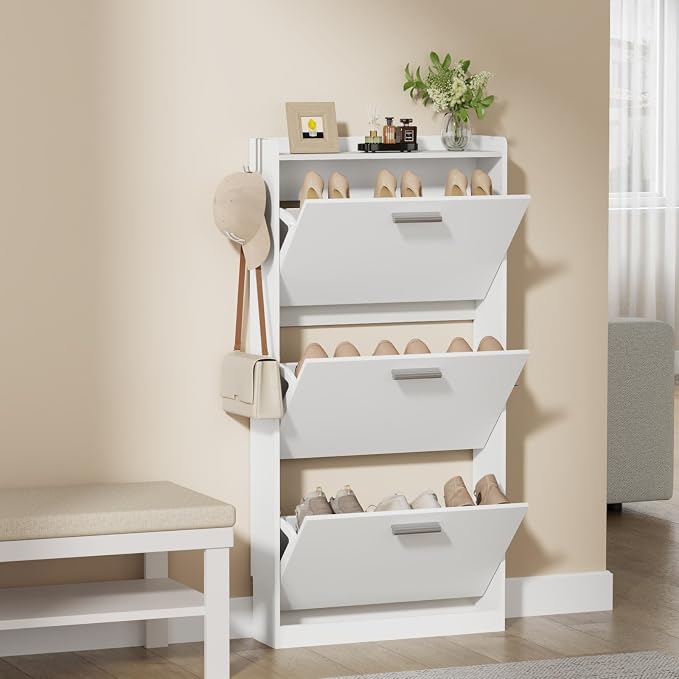 Slim Shoe Cabinet with 3 Flip Drawers,Narrow Shoe Rack 23.6" W White | Freestanding shoe storage cabinet for entryway,foyer and hallway,slim design and space-saving flip drawers