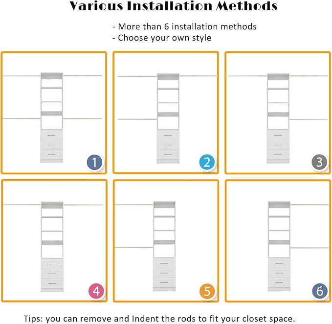 Closet Organizer System with Drawers, Wall Mounted 5FT-9FT White | 3 Wooden Storage Drawers, 4 Expandable Hanging Rods, 2 Adjustable Shelves,walk-in closet organizer,Wall Mount Walk In Tower