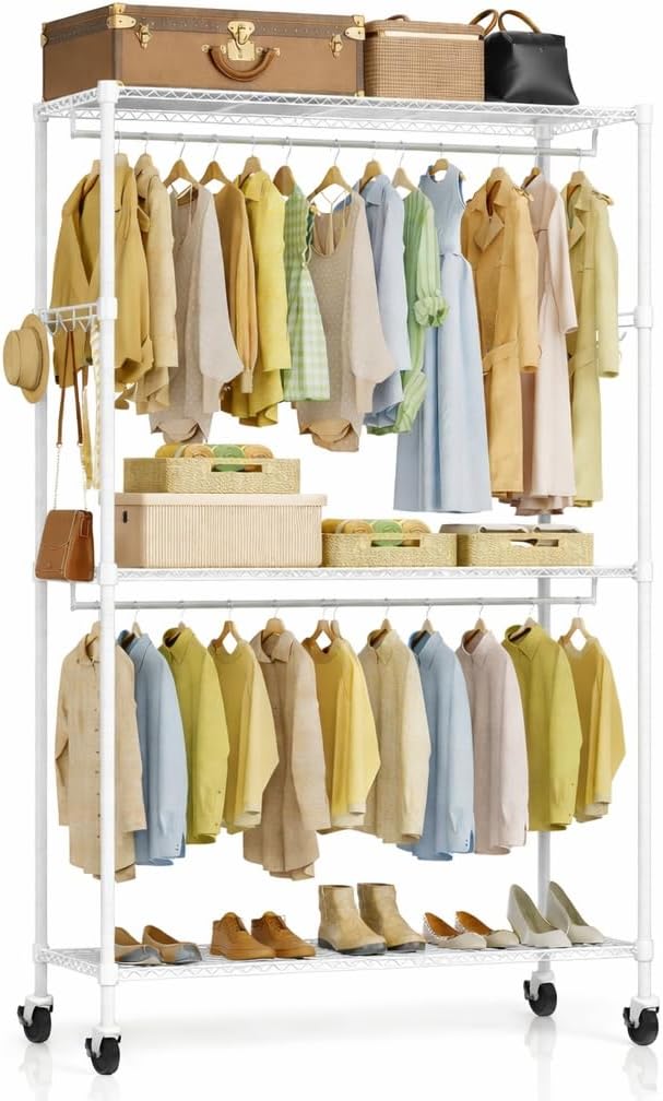 Simple Deluxe Rolling Clothes Rack, Heavy Duty Clothing Rack, 3-Shelf Portable Adjustable Wardrobe Closet with Wheels, Hanging Rods & Side Hooks, 43.3" W x 17.7" D x 80.3" H, White