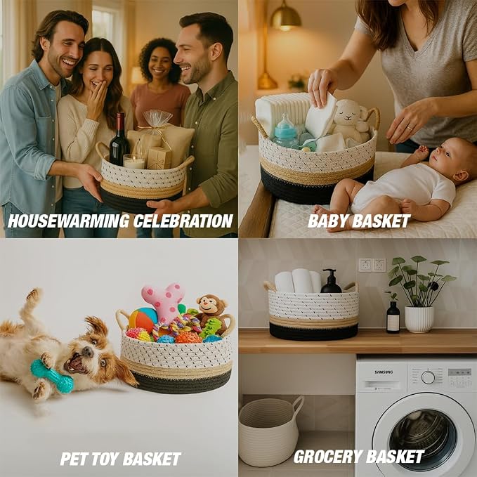 Yimi's Dream Woven Cotton Rope Gift Basket with Handles, Decorative Storage | White Brown Black Basket for Christmas, Housewarming, Nursery, Toys, Baby Laundry, Towels, Gifts( Oval 12 x 8 x 5 in)