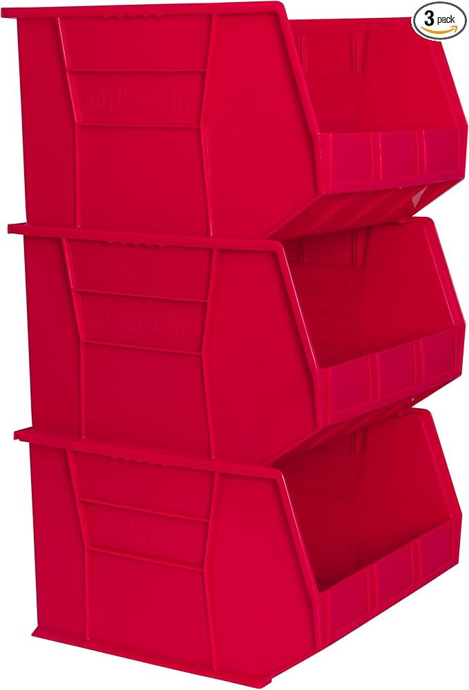Akro-Mils 30270 AkroBins Plastic Storage Bins, 18"x16"x11", Red, 3-Pack | Space-Saving Stackable Bins for Garage, Pantry, Craft Organization