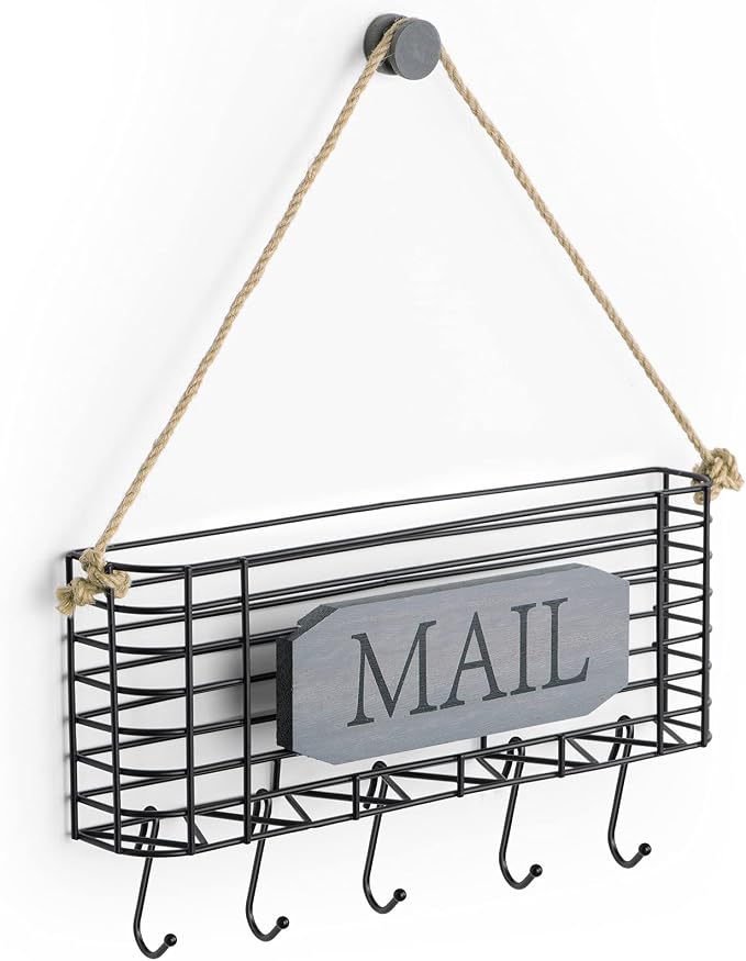 SRIWATANA Mail Organizer Wall Mount, 5 Key Hooks, Large, Weathered Grey | Mail Holder Key Holder for Wall, Hanging Mail Sorter, Letter Basket for Receipts Bills Envelopes, Home & Office Organizer