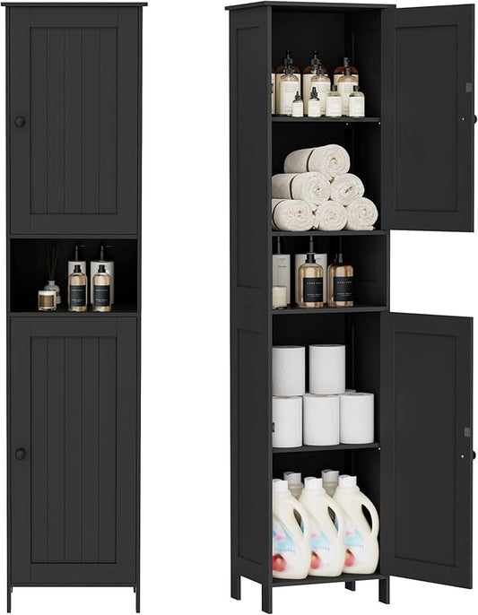 Homleke Tall Bathroom Storage Cabinet with 2 Doors, Slim Bathroom Cabinet | Narrow Storage Cabinet with Adjustable Shelves, Anti-Tip Design, Reversible Door, Easy Assembly, Black, 15.7''W
