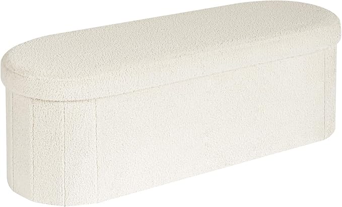 PINPLUS Storage Ottoman Bench Tufted Oval Ottomans Bench Foot Rest, Chest Box Velvet Bench with Storage, 43"x15"x15" (White)