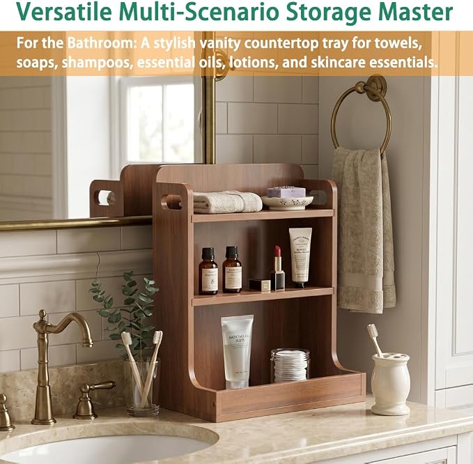 Solid Wood 3-Tier Spice Rack Countertop Organizer Kitchen Storage Shelf | Sturdy wood desktop shelf for spices, coffee bars & bathroom vanities. Features portable handles & full back stability.