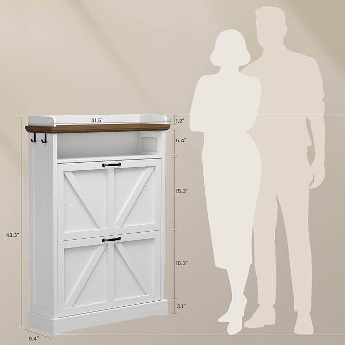 Farmhouse Shoe Cabinet with 2 Flip Drawers & Open Storage, 31.5" W White | Freestanding shoe cabinet with flip drawers ,white design and space-saving storage for entryway,foyer & hallway.