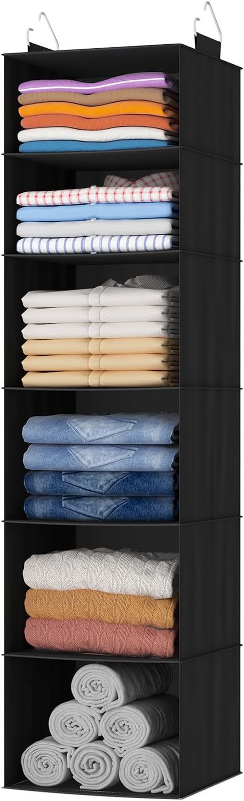 Lifewit 6 Tier Hanging Closet Storage Organizer for Shelves, Black, 1 Pack | Foldable Clothes Shelf with 2 Sturdy Hooks, Sweater/Coat/Shoes Clothing Organization for Wardrobe, Dorm, Bedroom