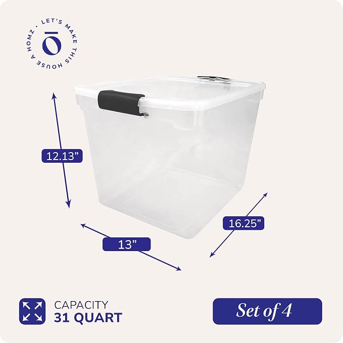 HOMZ 31 Quart Secure Seal Latch Clear Plastic Bin | Stackable & Nestable | Easy Grip Latching Handles | Home, Office, Dorm Room Organization | Grey Handles, 4 Pack | Stackable Container Set for Home, Office Shelves, Kitchen, Garage, and Bathroom Organi...