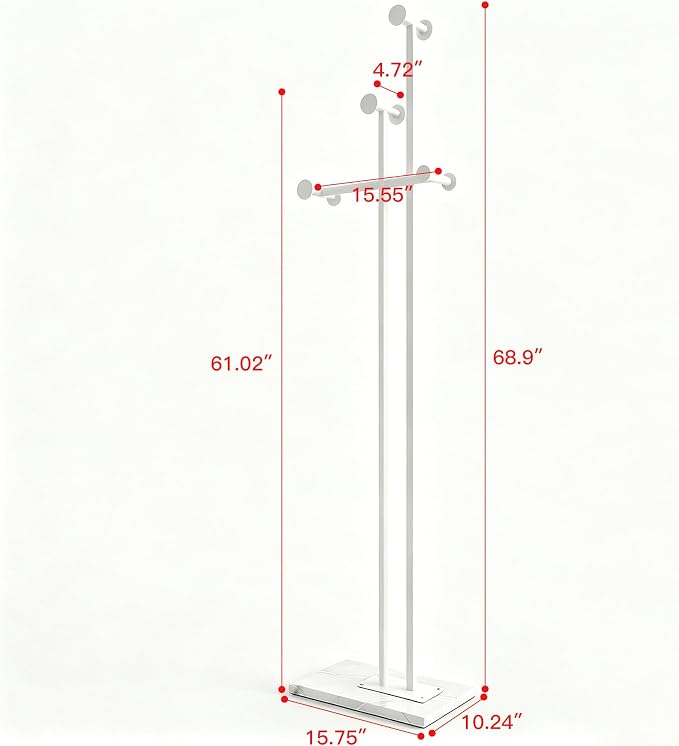 Metal Coat Rack Freestanding for Entryway (White) | Heavy Duty, Marble Base, Metal Frame, Essential Items Organizer for Clothes Bags, for Bedroom Living Room Hotel