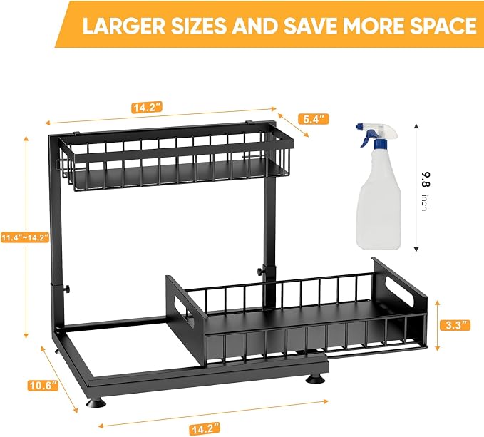 Saydear 2-Pack L-Shaped Under Sink Organizer, 2-Tier Pull-out Cabinet Rack | Black Height-Adjustable Steel Rack, Sliding Grid Drawers with PP Liners, Holds 100 Lbs, Suction Base, Ideal Kitchen Storage
