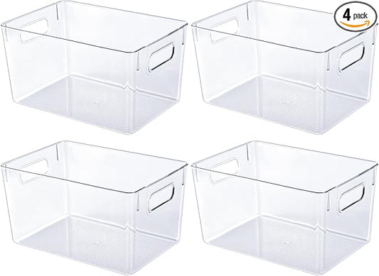 JollyPack Clear Plastic Storage Bins, 4 Pack | Pantry Organizers, Storage with Handles, Clear Storage Containers,Great for Fridge, Kitchen, Cabinet, Bathroom and Office