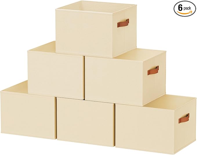 6 Pack Large Closet Storage Baskets Bins for Shelves, Collapsible Fabric Closet Organizers and Storage with Polyester Handles, Decorative Baskets for Organizing Clothes, Towels, Linen Closet 14"x10"