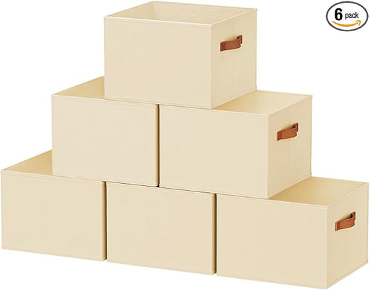 6 Pack Large Closet Storage Baskets Bins for Shelves, Collapsible Fabric Closet Organizers and Storage with Polyester Handles, Decorative Baskets for Organizing Clothes, Towels, Linen Closet 14"x10"