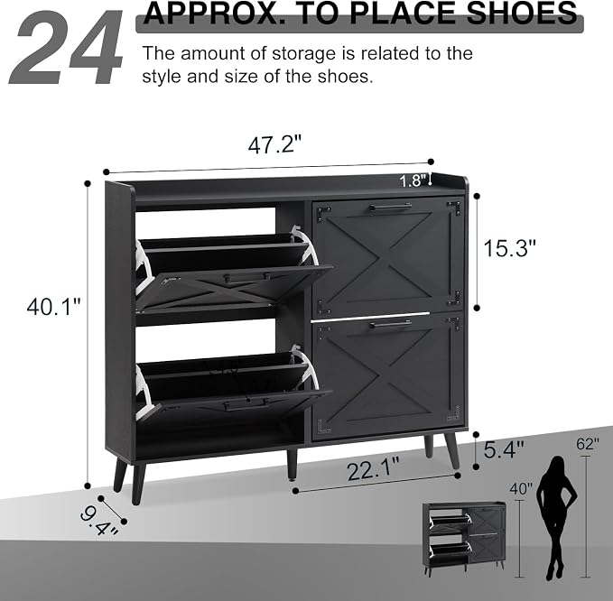 Barnyatoh Farmhouse Shoe Storage Cabinet,Shoe Organizer with 4 Flip Drawers | Freestanding Hidden Slim Narrow Shoe Rack Cabinet,Barn Door Design, Wood Shoes Organizer for Entryway,Foyer,Hallway,Black