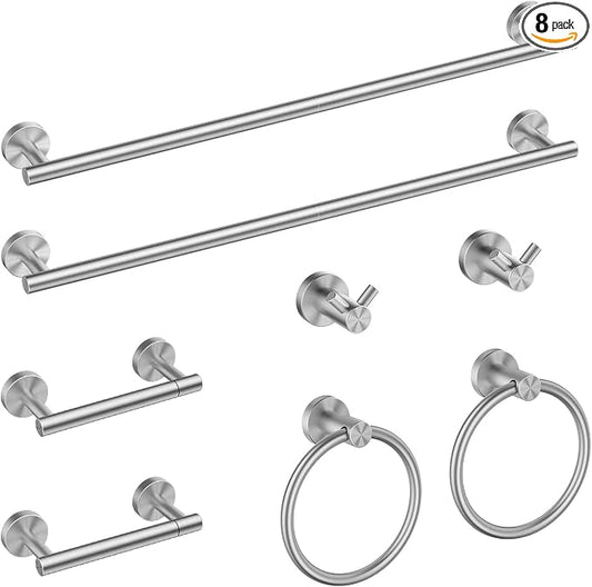 FORIOUS Bathroom Accessories, 8-Piece Bathroom Hardware Set - 24" Towel Bar | Brushed Nickel | Towel Hooks, Towel Racks for Bathroom, Toilet Paper Holder Wall Mounted, Towel Ring | SUS304 Stainless Steel