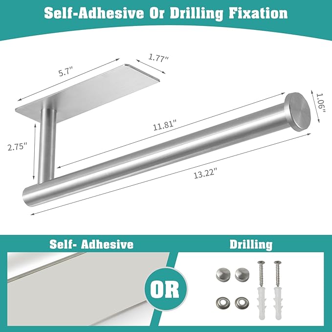 theaoo Under Cabinet Paper Towel Holder for Kitchen, Wall Mount, Silver | Adhesive Paper Towel Roll Rack for Bathroom or Kitchen, SUS304 Stainless Steel, Self-Adhesive or Screw Installation