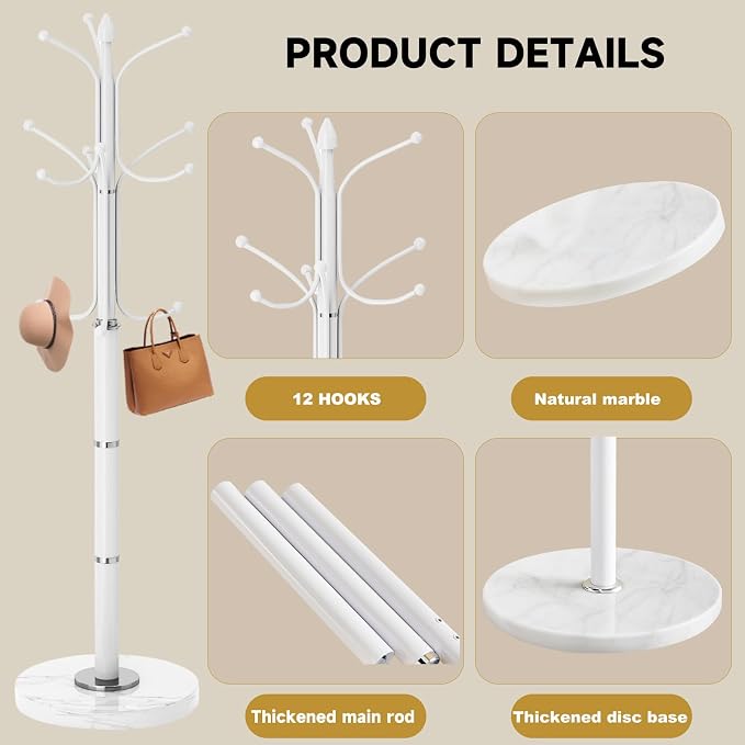 Coat Rack Stand,White Metal Coat Rack Freestanding with 12 Hooks | Modern Coat Rack with Natural Marble Base,Heavy Duty Coat Hanger Stand, Coat Hall Clothes Tree Stand for Office,Bebroom