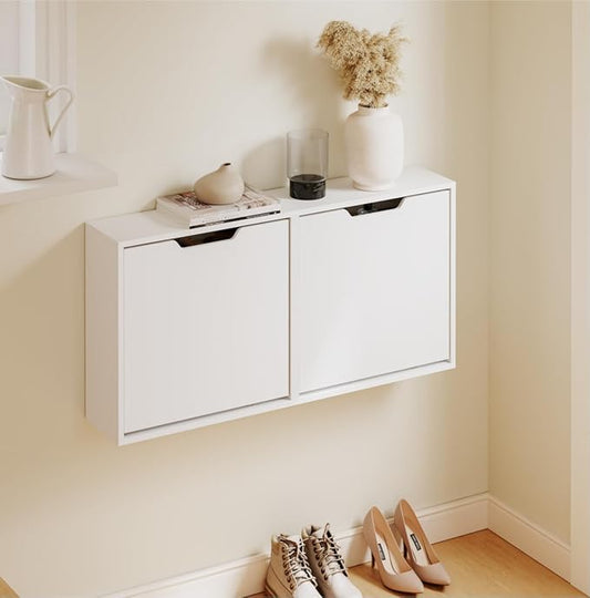 Haotian Wall Mounted Slim Shoe Cabinet for Entryway | Narrow Shoe Rack with 2 Flip Drawers, Hidden Shoe Storage Organizer, Anti-Tip Design, White, FSR210-W