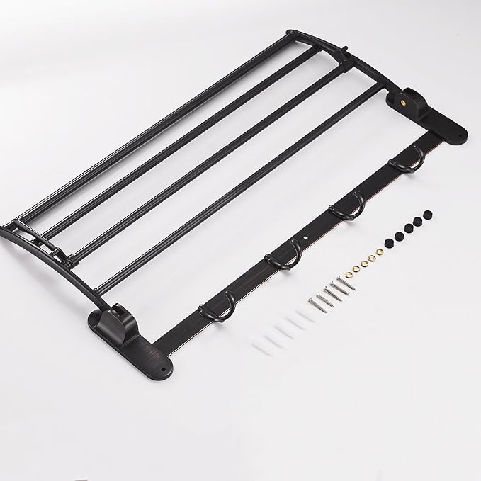 24 Inch Oil Rubbed Bronze Towel Racks, Bathroom Towel Shelf with Foldable Towel Bar Holder and Towel Hooks, Wall Mounted Multifunctional Bathroom Accessories, Double Towel Bars