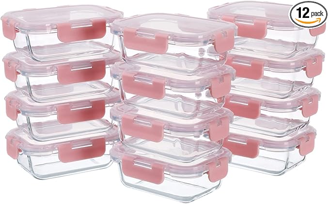 GULFLIN 12 Pack, 12oz Small Glass Food Storage Containers, Pink Set | Portion Control Glass Food Containers with Lids, Meal Prep, Freezer to Microwave Safe, Air-Tight, Leak-Proof