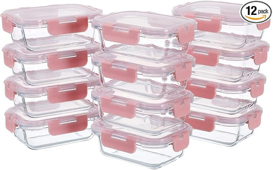 GULFLIN 12 Pack, 12oz Small Glass Food Storage Containers, Pink Set | Portion Control Glass Food Containers with Lids, Meal Prep, Freezer to Microwave Safe, Air-Tight, Leak-Proof