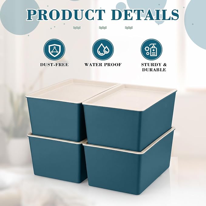 4 Pcs Storage Bins with Lids Plastic Stackable Containers for Classroom Room Organizing Shelves Christmas Ornament Box Baskets(Blue,Small)