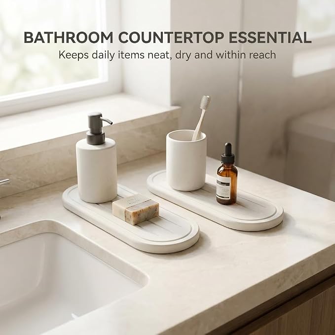 2PCS Water Absorbing Stone Drying Tray Mat for Bathroom Sink & Kitchen Counter Faucet Organizer Decor, Quick Dry Dish Soap Dispenser Sponge Holder, Vanity Sink Caddy Coaster,White -10"*3.8"