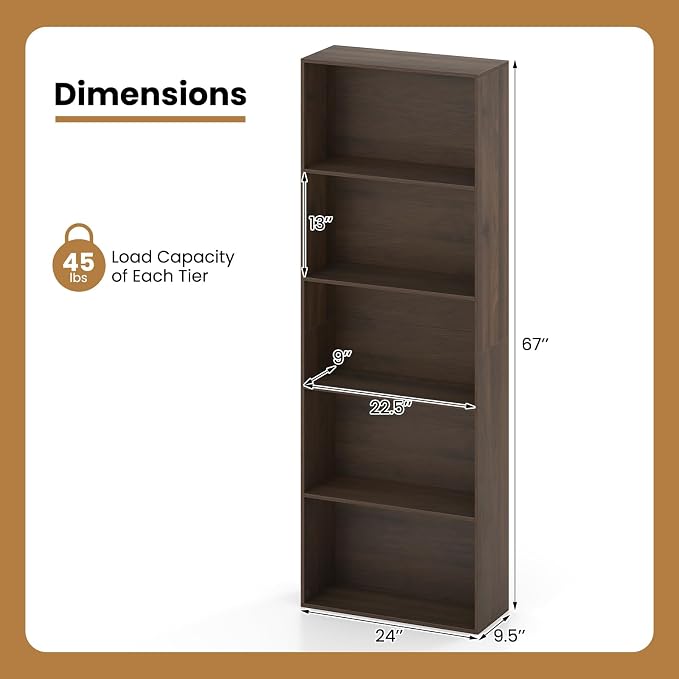 Giantex 5-Tier Bookshelf, Freestanding Bookcase with 5 Open Shelf | Modern Display Shelf, Storage Organizer for Living Room, Home Office, Dark Walnut