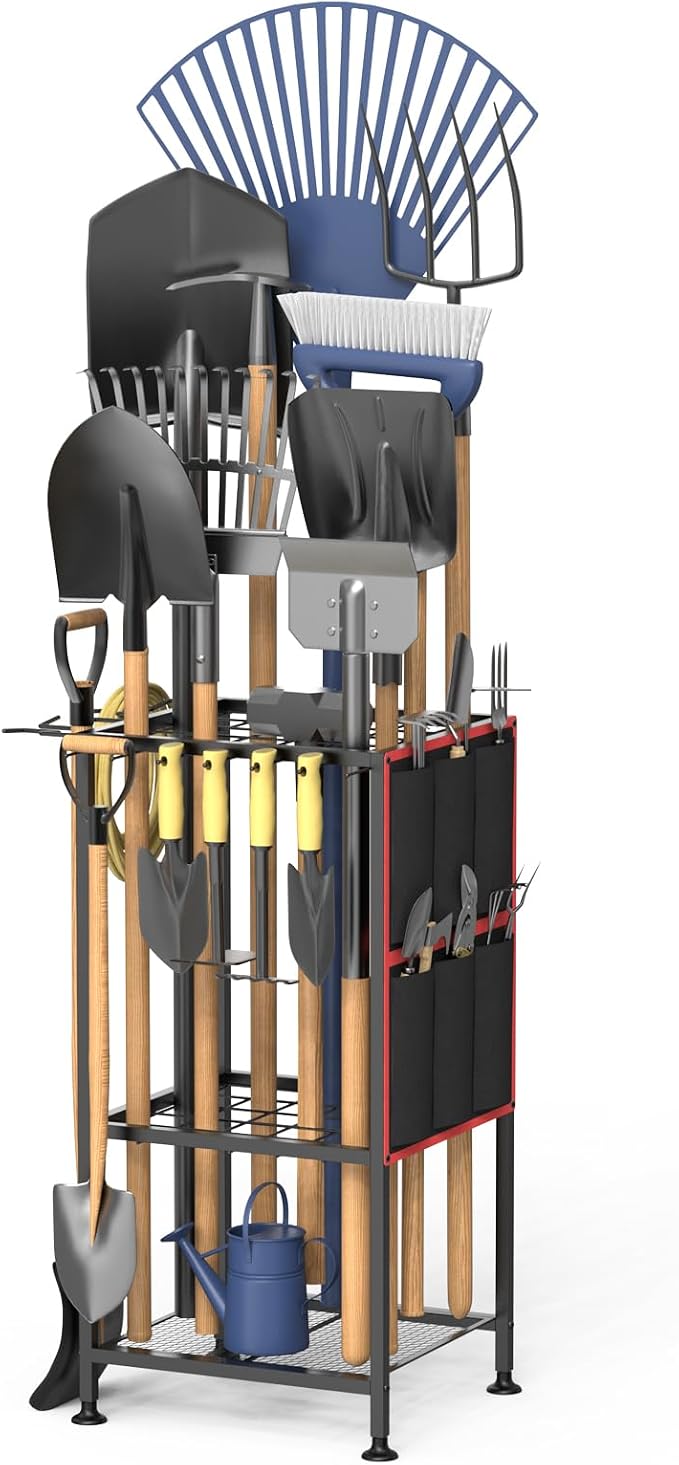 Garden Tool Organizer,Metal Yard Tool Organizer ,Holds 50 Long-Handled Tools/Rakes/Brooms,Side Garden Pocket ,Heavy Duty Steel Yard Tool Storage Rack for Garage,Shed, Outdoor