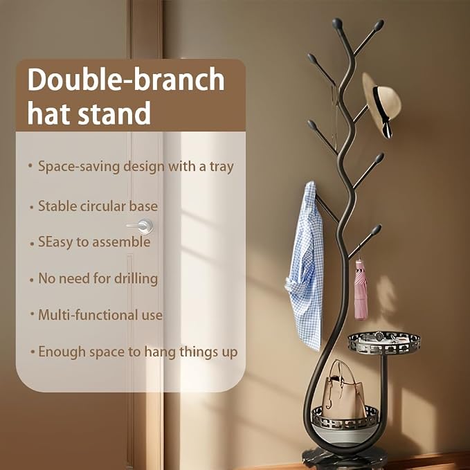 Metal Standing Coat Rack, Small Space Coat Rack Freestanding Hanger Coat Stand with Natural Metal Base & 8 Hooks, Tree-Shaped Coat Rack for Entryway, Hallway, Bedroom, can Hang Clothes, Hats (Black)