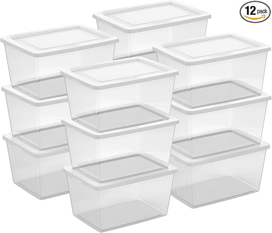 Sterilite Clear Storage Box Stackable Tote, 58 Quart, 12-Pack | Clear Plastic Container with Secure Snapping Lids for Home and Office Organization, White