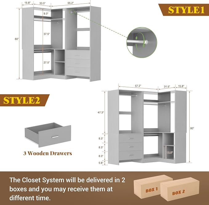 Aheaplus Closet System with 3 Drawers, 2 Hanging Rods & Corner Tower, Corner Closet System with Hanging, L-Shaped Walk-In Wardrobe Organizer, 1300+ lbs Capacity, Set of 2, Grey